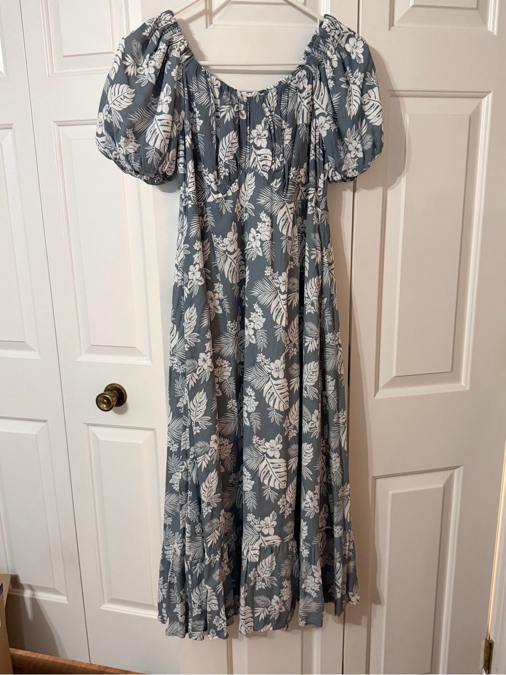 Mikarose Slate Blue Floral Maxi Dress with Puff Sleeves